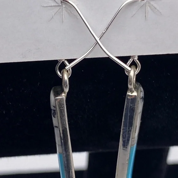 Sterling Silver Earrings Turquoise Inlaid 2” Length Fish Hook Back New - Picture 5 of 8